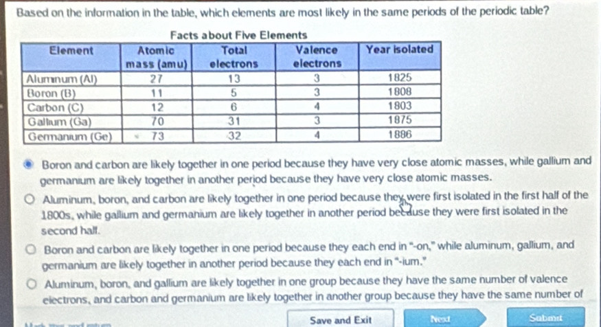 Based on the information in the table, which elements are most likely in the same periods of the periodic table?
Boron and carbon are likely together in one period because they have very close atomic masses, while gallium and
germanium are likely together in another period because they have very close atomic masses.
Aluminum, boron, and carbon are likely together in one period because they were first isolated in the first half of the
1800s, while gallium and germanium are likely together in another period because they were first isolated in the
second half.
Boron and carbon are likely together in one period because they each end in “-on,” while aluminum, gallium, and
germanium are likely together in another period because they each end in “-ium.”
Aluminum, boron, and gallium are likely together in one group because they have the same number of valence
electrons, and carbon and germanium are likely together in another group because they have the same number of
Save and Exit Next Sabmrt