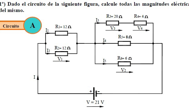 1°) Dado el circuito de la siguiente figura, calcule todas las magnitudes eléctrica
del mismo
Circuito