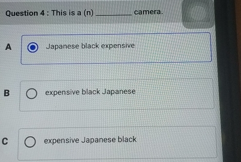 This is a (n) _camera.
A Japanese black expensive
B expensive black Japanese
C expensive Japanese black