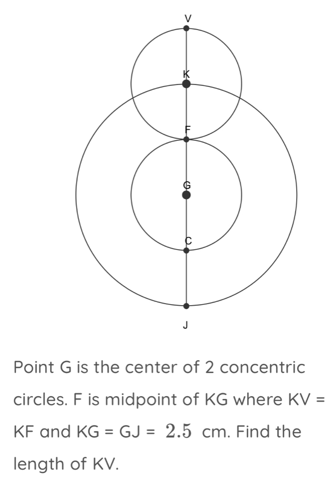 V
Point G is the center of 2 concentric 
circles. F is midpoint of KG where KV=
KF and KG=GJ=2.5cm. Find the 
length of KV.