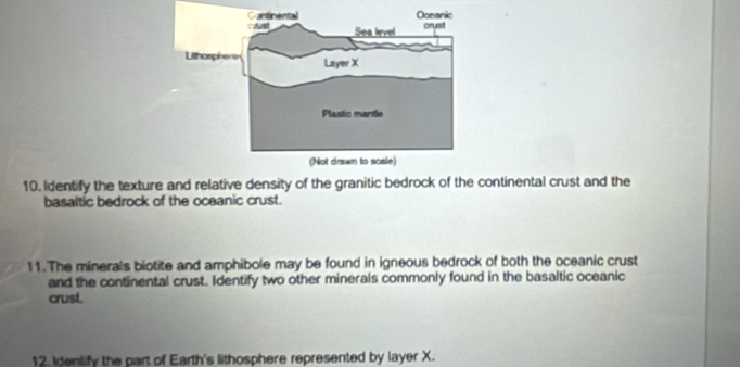 Identify the texture and relative density of the granitic bedrock of the continental crust and the 
basaltic bedrock of the oceanic crust. 
11.The minerals biotite and amphibole may be found in igneous bedrock of both the oceanic crust 
and the continental crust. Identify two other minerals commonly found in the basaltic oceanic 
crust. 
12. Identify the part of Earth's lithosphere represented by layer X.