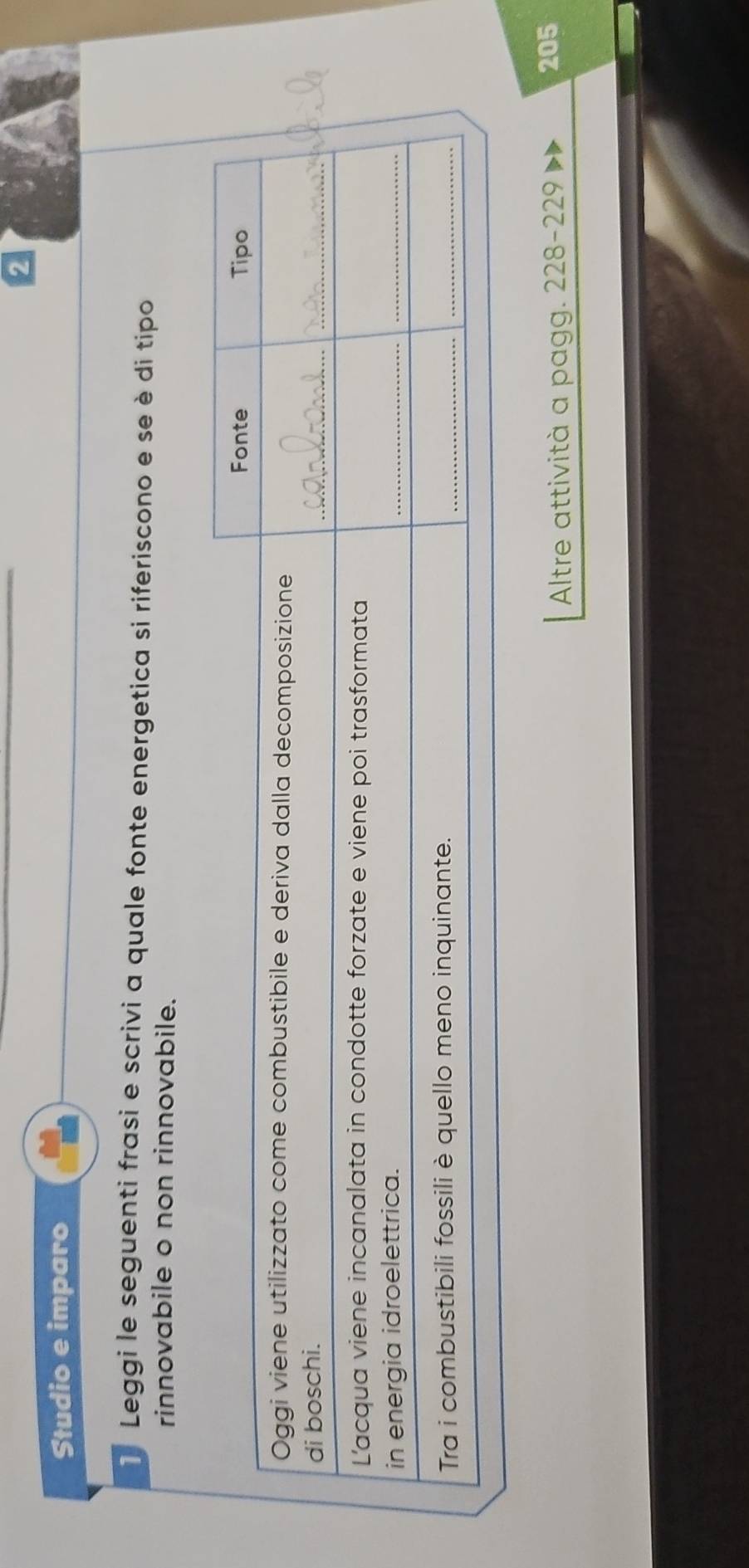 Studio e imparo 
Leggi le seguenti frasi e scrivi a quale fonte energetica si riferiscono e se è di tipo 
rinnovabile o non rinnovabile. 
Altre attività a pagg. 228-229 205