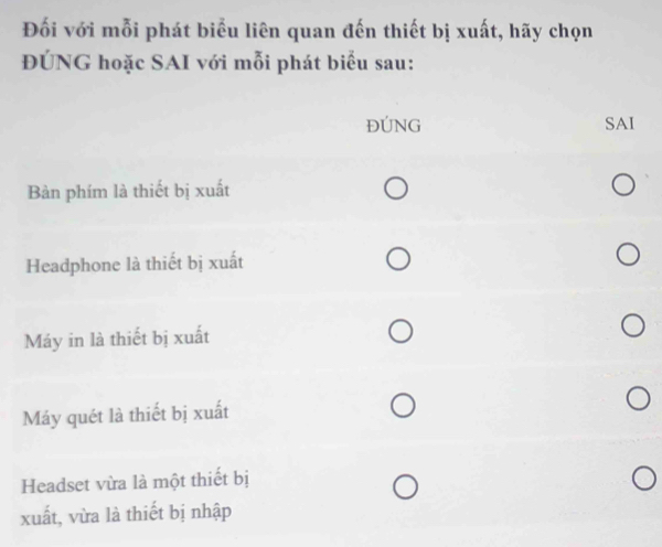 Đối với mỗi phát biểu liên quan đến thiết bị xuất, hãy chọn
ĐÚNG hoặc SAI với mỗi phát biểu sau:
ĐÚNG SAI
Bàn phím là thiết bị xuất
Headphone là thiết bị xuất
Máy in là thiết bị xuất
Máy quét là thiết bị xuất
Headset vừa là một thiết bị
xuất, vừa là thiết bị nhập