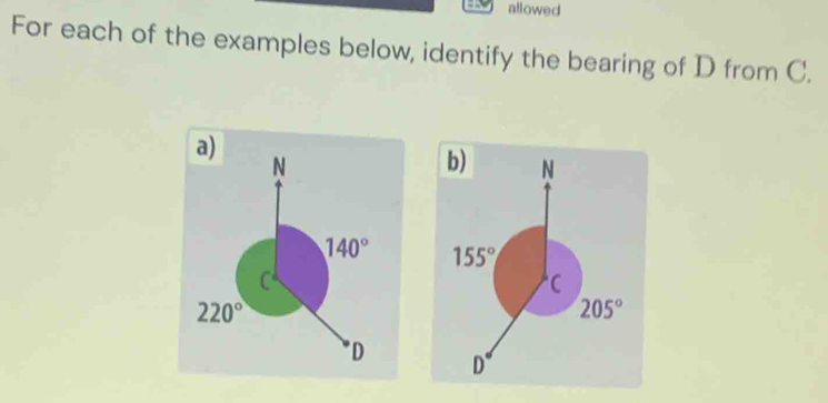 allowed
For each of the examples below, identify the bearing of D from C.