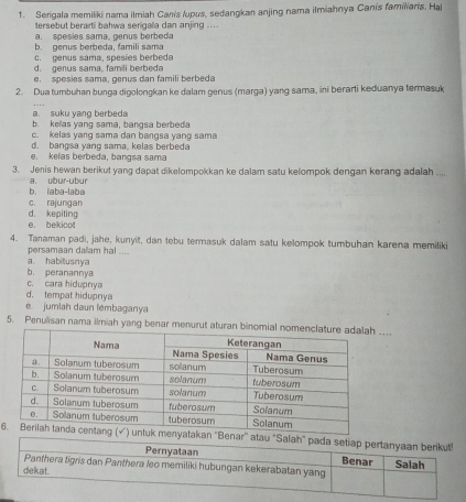 Serigala memiliki nama ilmiah Canis lupus, sedangkan anjing nama ilmiahnya Canis familiaris. Haj
tersebut berarti bahwa serigala dan anjing ....
a. spesies sama, genus berbeda
b. genus berbeda, famili sama
c. genus sama, spesies berbeda
d. genus sama, famili berbeda
e. spesies sama, genus dan famili berbeda
2. Dua tumbuhan bunga digolongkan ke dalam genus (marga) yang sama, ini berarti keduanya termasuk
a. suku yang berbeda
b. kelas yang sama, bangsa berbeda
c. kelas yang sama dan bangsa yang sama
d. ban gsa v g sama. kelas berb ed
e, kelas berbeda, bangsa sama
3. Jenis hewan berikut yang dapat dikelompokkan ke dalam satu kelompok dengan kerang adalah ....
b. laba-laba a. ubur-ubur
c. rajungan d. kepiting
e. bekicot
4. Tanaman padi, jahe, kunyit, dan tebu termasuk dalam satu kelompok tumbuhan karena memiliki
persamaan dallam hal ....
a. habitusnya
b. peranannya
c. cara hidupnya
d. tempat hidupnya
e. jumlah daun lémbaganya
5. Penulisan nama ilmiah yang benar menurut aturan.
6