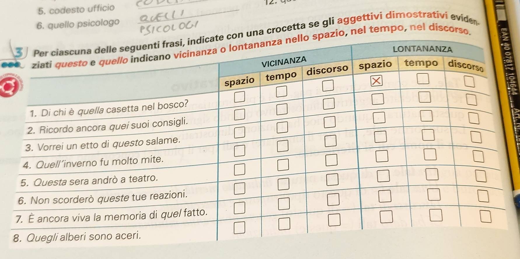 codesto ufficio_
_
6. quello psicologo
on una crocetta se gli aggettivi dimostrativi evider
azio, nel tempo, nel discorso.