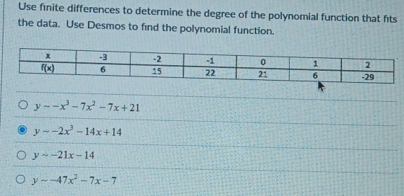 Use finite differences to determine the degree of the polynomial function that fíts
the data. Use Desmos to find the polynomial function.
ysim -x^3-7x^2-7x+21
ysim -2x^3-14x+14
ysim -21x-14
ysim -47x^2-7x-7