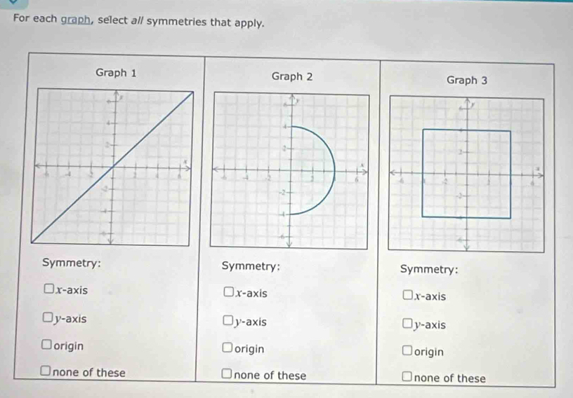 For each graph, select a/ symmetries that apply.
Graph 1 Graph 2 Graph 3

Symmetry: Symmetry: Symmetry:
x-axis x-axis x-axis
y-axis y-axis
y-axis
origin origin origin
none of these none of these none of these