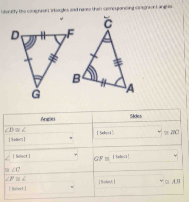 ldentify the congruent triangles and name their corresponding congruent angles.