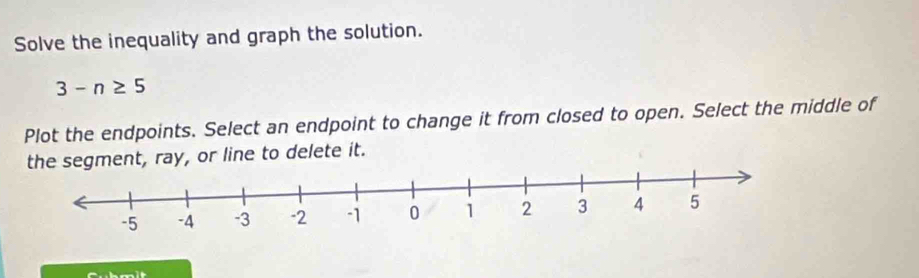 Solve the inequality and graph the solution.
3-n≥ 5
Plot the endpoints. Select an endpoint to change it from closed to open. Select the middle of 
the segment, ray, or line to delete it.