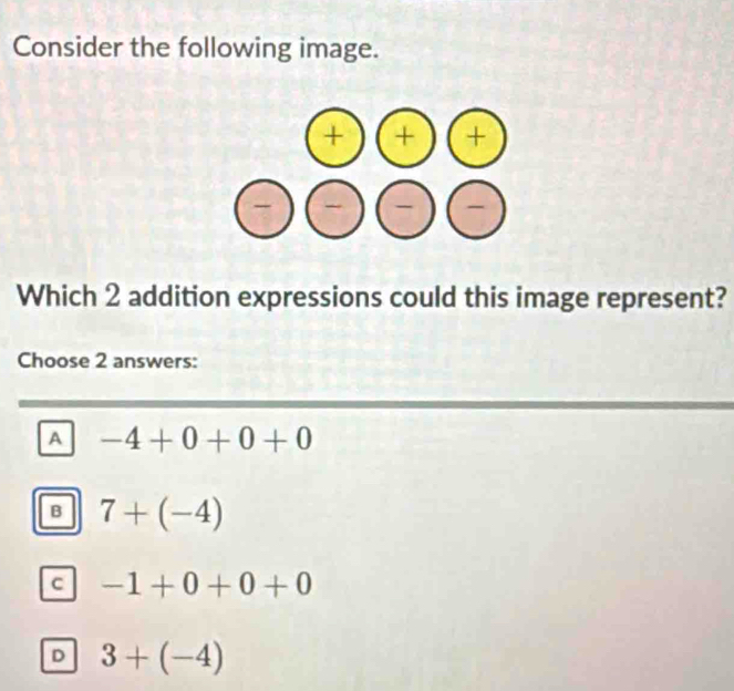 Consider the following image.
Which 2 addition expressions could this image represent?
Choose 2 answers:
A -4+0+0+0
B 7+(-4)
C -1+0+0+0
D 3+(-4)