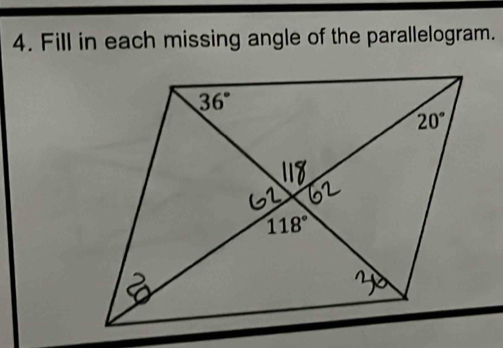 Fill in each missing angle of the parallelogram.