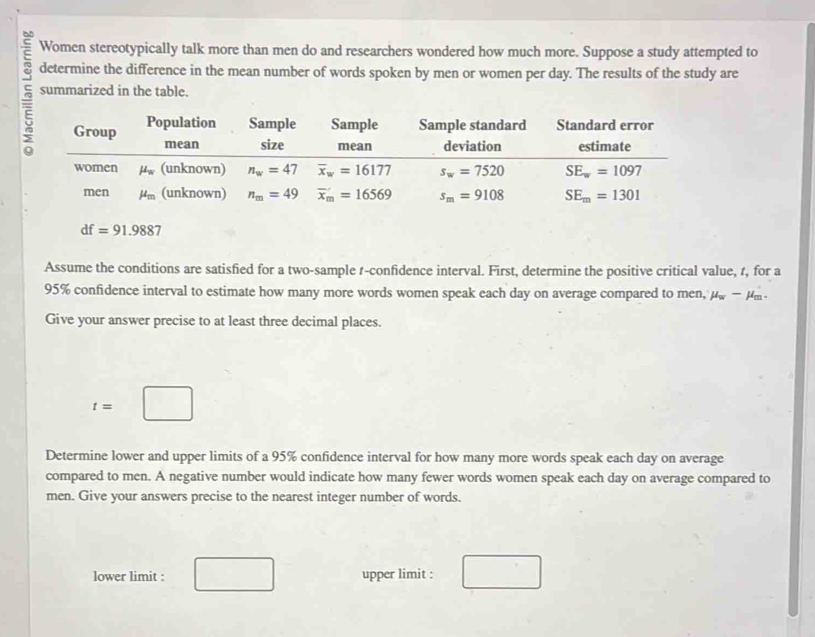 Women stereotypically talk more than men do and researchers wondered how much more. Suppose a study attempted to
determine the difference in the mean number of words spoken by men or women per day. The results of the study are
summarized in the table.
df=91.9887
Assume the conditions are satisfied for a two-sample t-confidence interval. First, determine the positive critical value, t, for a
95% confidence interval to estimate how many more words women speak each day on average compared to men, mu _w-mu _m.
Give your answer precise to at least three decimal places.
t=□
Determine lower and upper limits of a 95% confidence interval for how many more words speak each day on average
compared to men. A negative number would indicate how many fewer words women speak each day on average compared to
men. Give your answers precise to the nearest integer number of words.
lower limit : □ upper limit : □