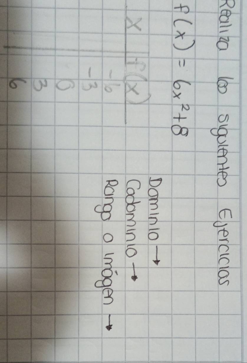 Reall za (60 siqulentes Eercicias
f(x)=6x^2+8
beginarrayr  (x-2^2-1)/12  - 5/4  frac 9endarray   1/6  hline endarray
Dominio
Codominio
Rango o imagen