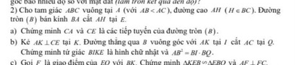 goc bão nhicu độ số Với mạt đất (lam tron ket quu đen do) ? 
2) Cho tam giác ABC vuông tại A (với AB , đường cao AH(H∈ BC). Đường 
tròn (B) bán kính BA cắt AH tại E. 
a) Chứng minh CA và CE là các tiếp tuyển của đường tròn (B). 
b) Kê AK⊥ CE tại K. Đường thẳng qua B vuông góc với AK tại A cắt AC tại Q. 
Chứng minh tử giác B/KE là hình chữ nhật và AB^2=BI· BQ. 
c) Goi £ là giao điểm của 50 với gự. Chứng minh △ KFR∽ △ FRO và AF⊥ EC