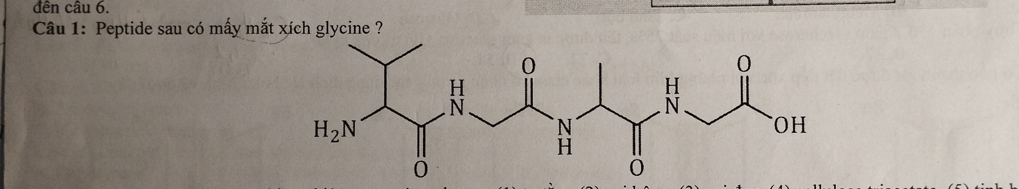 đên câu 6.
Câu 1: Peptide sau có mấy mắt xích glycine ?