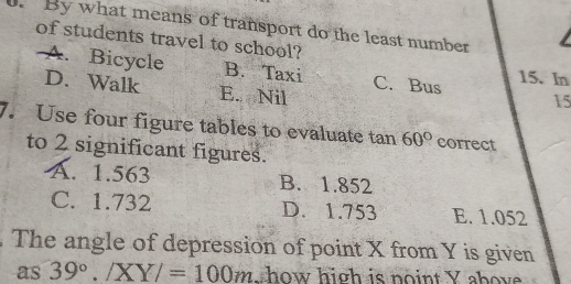 By what means of transport do the least number
of students travel to school?
A. Bicycle B. Taxi C. Bus 15. In
D. Walk E. Nil
15
7. Use four figure tables to evaluate tan 60° correct
to 2 significant figures.
A. 1.563 B. 1.852
C. 1.732 D. 1.753 E. 1.052
The angle of depression of point X from Y is given
as 39°./XY/=100m how high is noint Y above.