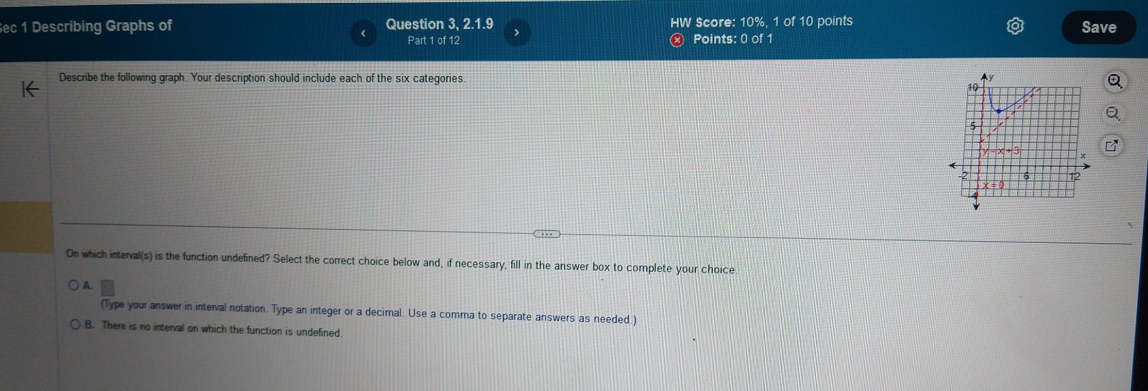 ec 1 Describing Graphs of Question 3, 2.1.9 HW Score: 10%, 1 of 10 points Save
Part 1 of 12 Ⓧ Points: 0 of 1
Describe the following graph. Your description should include each of the six categories.
On which interval(s) is the function undefined? Select the correct choice below and, if necessary, fill in the answer box to complete your choice.
A.
(Type your answer in interval notation. Type an integer or a decimal. Use a comma to separate answers as needed.)
B. There is no interval on which the function is undefined.