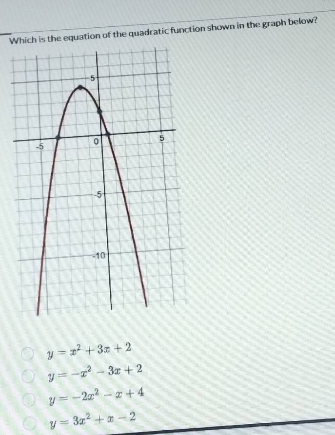 Which is the equation of the quadratic function shown in the graph below?
y=x^2+3x+2
y=-x^2-3x+2
y=-2x^2-x+4
y=3x^2+x-2