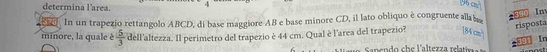 determina l’area.
96 cm²
In un trapezio rettangolo ABCD, di base maggiore AB e base minore CD, il lato obliquo è congruente alla bas 390 Inv 
risposta 
minore, la quale è  5/3  dell’altezza. Il perimetro del trapezio è 44 cm. Qual è l’area del trapezio? 
[ 84 cm
A391 In
Sanendo che l'altezza relativa a