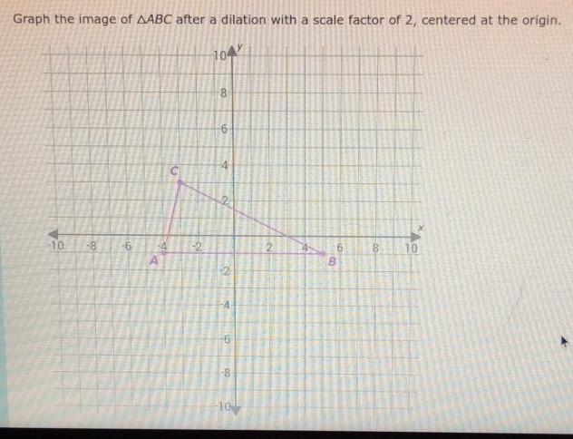 Graph the image of △ ABC after a dilation with a scale factor of 2, centered at the origin.