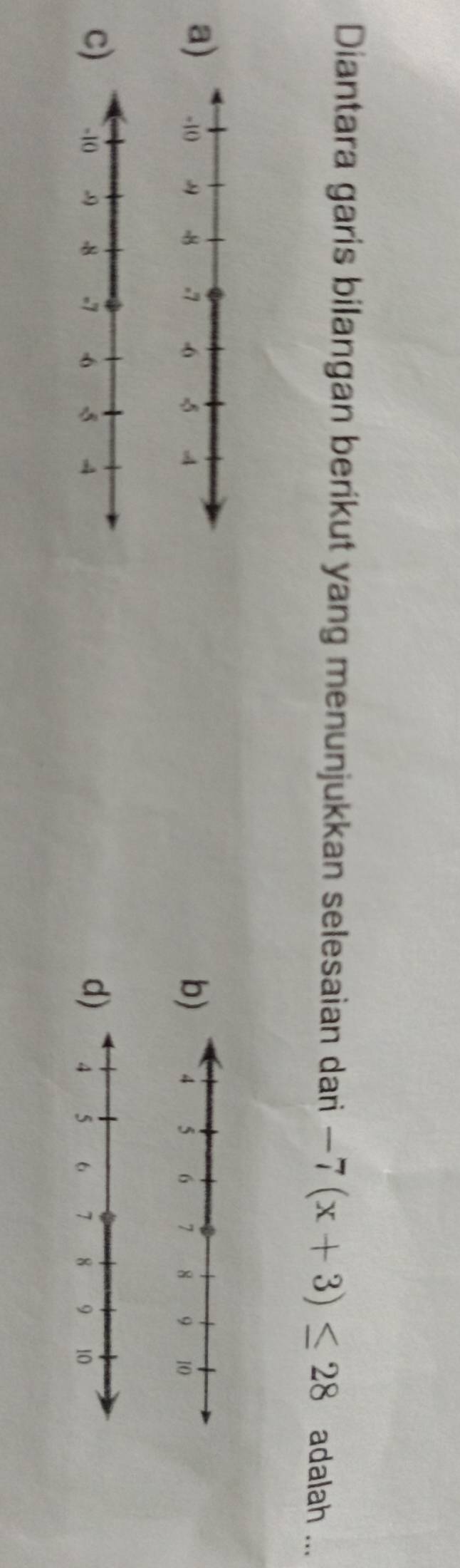 Diantara garis bilangan berikut yang menunjukkan selesaian dari -7(x+3)≤ 28 adalah ...
b
a
c
d