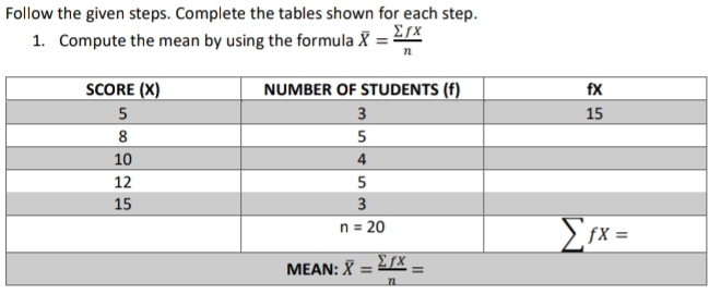 Follow the given steps. Complete the tables shown for each step.
1. Compute the mean by using the formula overline X= sumlimits fx/n 