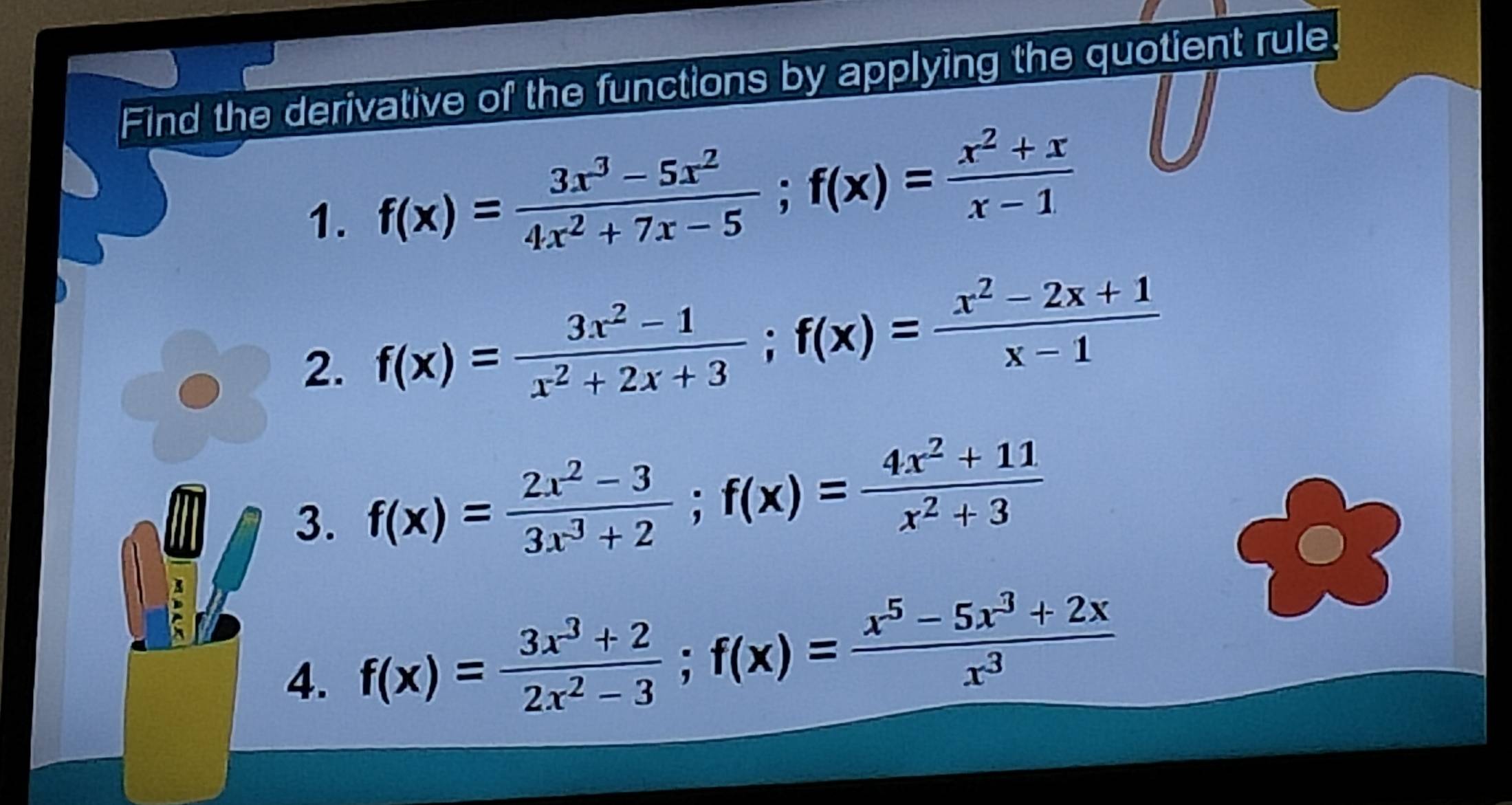 Solved: Find the derivative of the functions by applying the quotient ...