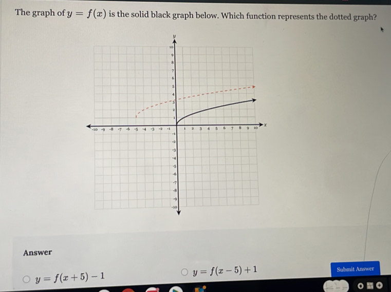 The graph of y=f(x) is the solid black graph below. Which function represents the dotted graph?
Answer
y=f(x+5)-1
y=f(x-5)+1 Submit Answer