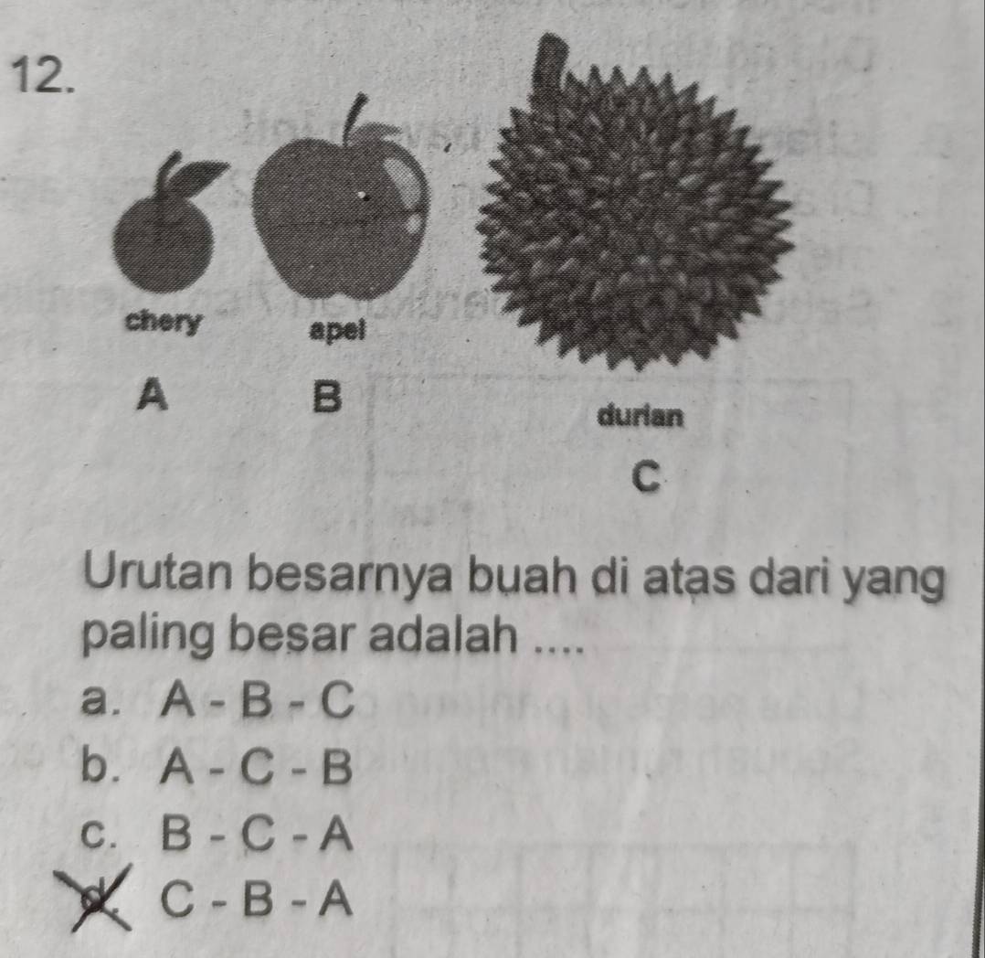 chery
apel
A
B
durian
C
Urutan besarnya buah di atas dari yang
paling besar adalah ....
a. A-B-C
b. A-C-B
C. B-C-A
C-B-A