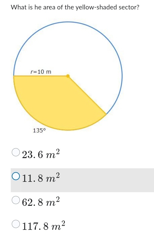 What is he area of the yellow-shaded sector?
23. 6m^2
11. 8m^2
62. □  8m^2
117. 8m^2