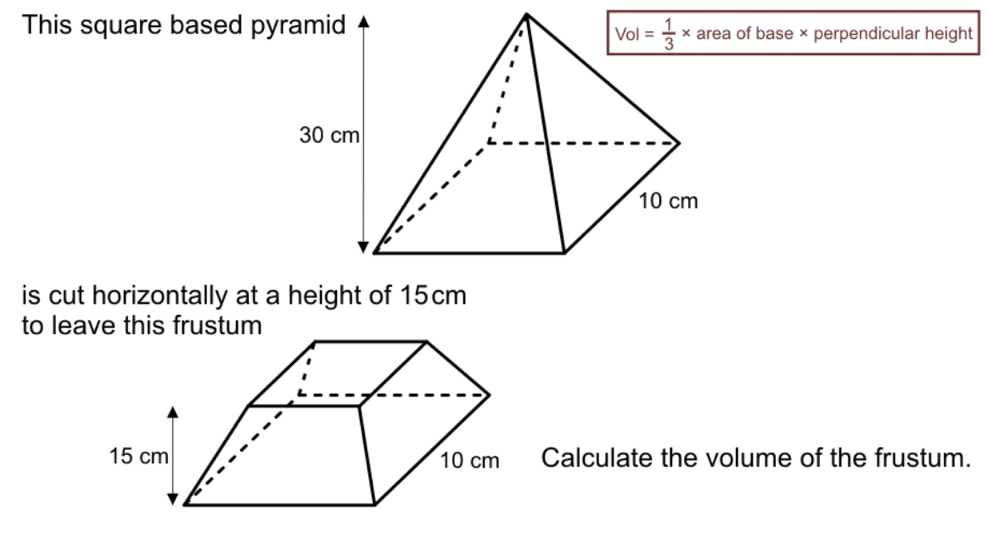 This square based py of base × perpendicular height
is cut horizontally at a height of 15cm
to leave this frustum
15 cm 10 cm Calculate the volume of the frustum.