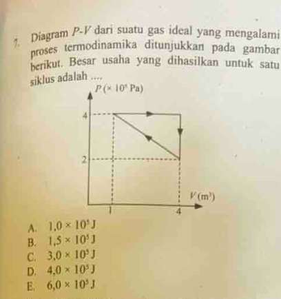 ?. Diagram P-V dari suatu gas ideal yang mengalami
proses termodinamika ditunjukkan pada gambar
berikut. Besar usaha yang dihasilkan untuk satu
siklus adalah ....
A. 1.0* 10^5J
B. 1.5* 10^5J
C. 3.0* 10^5J
D. 4,0* 10^5J
E. 6,0* 10^5J