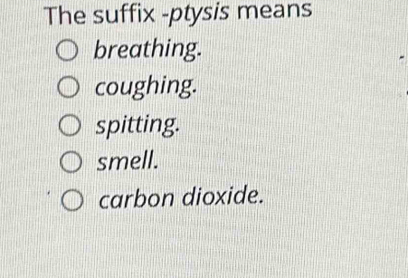 Solved: The suffix -ptysis means breathing. coughing. spitting. smell ...