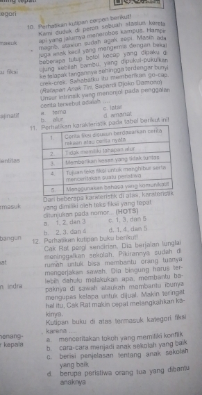 egori
10. Perhatikan kutipan cerpen berikut!
Kami duduk di peron sebuah stasiun keret
api yang jalumnya menerobos kampus. Hampir
magrib, stasiun sudah agak sepi. Masih ada
nasuk
juga anak kecil yang mengemis dengan beka
beberapa tutup botol kecap yang dipaku 
u fiksi ujung sebilah bambu, yang dipukul-pukuikan
ke telapak tangannya sehingga terdengar buny
crek-crek. Sahabatku itu memberikan go-cap.
(Ratapan Anak Tiri, Sapardi Djoko Damono)
Unsur intrinsik yang menonjol pada penggalan
cerita tersebut adaiah ....
a tema c. latar
ajinatif b. alur
ik pada tabel berikut ini! d. amanat
entitas
Dari beberap
rmasuk yang dimiliki oleh teks fiksi yang tepat
ditunjukan pada nomor... (HOTS)
a. 1, 2, dan 3 c. 1, 3, dan 5
b. 2, 3. dan 4 d. 1, 4, dan 5
bangun 12. Perhatikan kutipan buku berikut!
Cak Rat pergi sendirian. Dia berjalan lunglai
meninggalkan sekolah. Pikirannya sudah di
at rumah untuk bisa membantu orang tuanya 
mengerjakan sawah. Dia bingung harus ter
lebih dahulu melakukan apa, membantu ba-
n indra paknya di sawah ataukah membantu ibunya 
mengupas kelapa untuk dijual. Makin teringat
hal itu, Cak Rat makin cepat melangkahkan ka-
kinya.
Kutipan buku di atas termasuk kategori fiksi
enang- karena ....
a. menceritakan tokoh yang memiliki konflik
r kepala b. cara-cara menjadi anak sekolah yang balk
c. berisi penjelasan tentang anak sekolah
yang baik
d. berupa peristiwa orang tua yang dibantu
anaknya