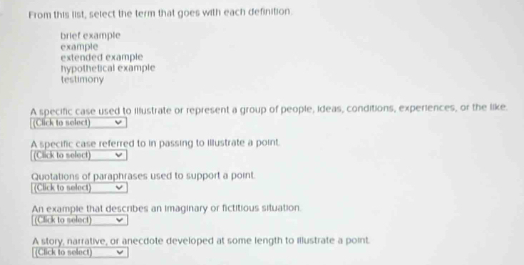 From this list, select the term that goes with each definition.
brief example
example
extended example
hypothetical example
testimony
A specific case used to illustrate or represent a group of people, ideas, conditions, experiences, or the like.
(Click to select)
A specific case referred to in passing to illustrate a point.
(Click to select)
Quotations of paraphrases used to support a point.
(Click to select)
An example that describes an imaginary or fictitious situation.
(Click to select)
A story, narrative, or anecdote developed at some length to Illustrate a point.
(Click to select)