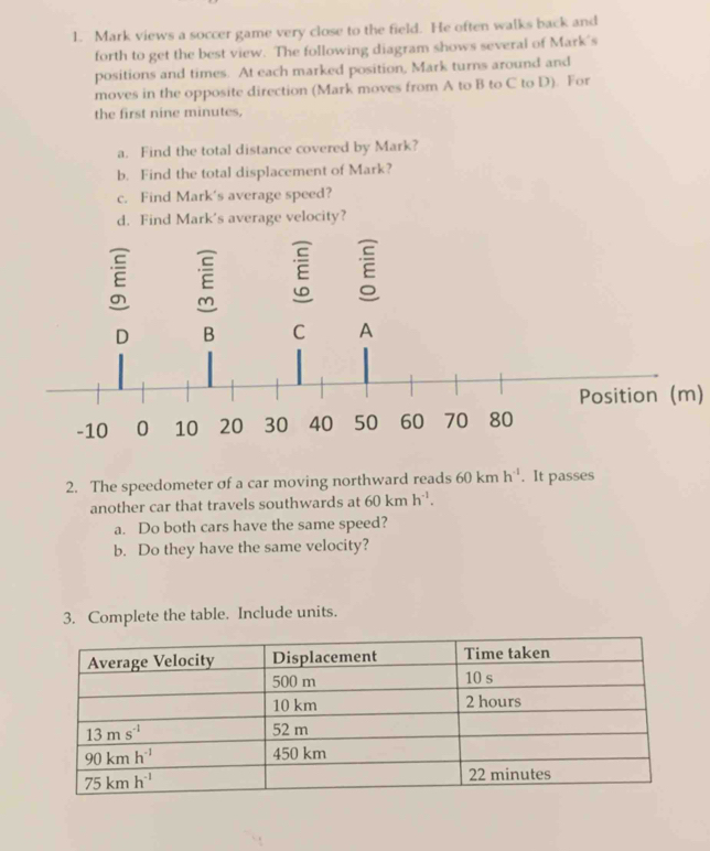 Mark views a soccer game very close to the field. He often walks back and
forth to get the best view. The following diagram shows several of Mark's
positions and times. At each marked position, Mark turns around and
moves in the opposite direction (Mark moves from A to B to C to D). For
the first nine minutes,
a. Find the total distance covered by Mark?
b. Find the total displacement of Mark?
c. Find Mark's average speed?
d. Find Mark's average velocity?
Position (m)
2. The speedometer of a car moving northward reads 60 km h^(-1). It passes
another car that travels southwards at 60kmh^(-1).
a. Do both cars have the same speed?
b. Do they have the same velocity?
3. Complete the table. Include units.