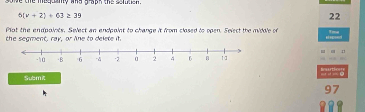 solve the inequality and graph the solution.
6(v+2)+63≥ 39
22 
Plot the endpoints. Select an endpoint to change it from closed to open. Select the middle of Time 
the segment, ray, or line to delete it. elapsed
1
SmartScore 
Submit out of 100 (
97