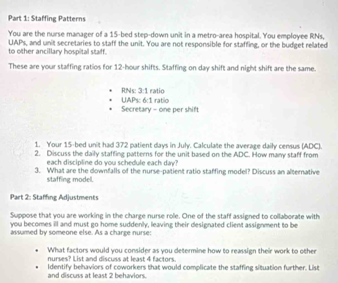 Solved: Staffing Patterns You are the nurse manager of a 15 -bed step ...