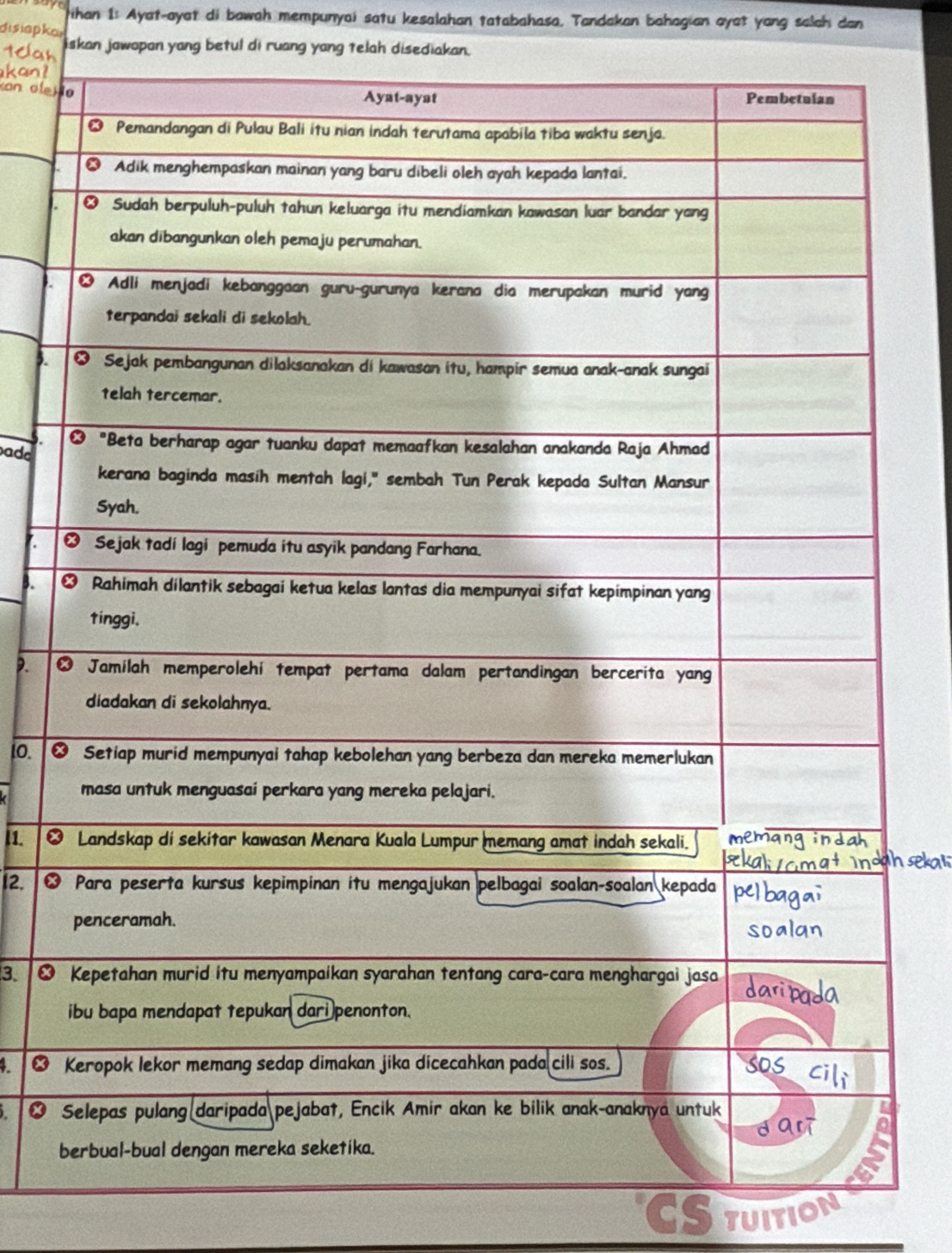 than 1: Ayat-ayat di bawah mempunyai satu kesalahan tatabahasa. Tandakan bahagian ayat yong salah dan 
disiapka 
iskan jawapan yang betul di ruang yang telah disediakan. 
5. 
ado 

D. * 
10. ] 
11. X
I2. x
3. ∞ 
] 
* 
CStuition