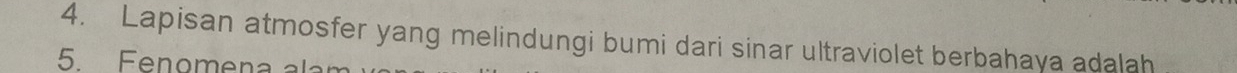 Lapisan atmosfer yang melindungi bumi dari sinar ultraviolet berbahaya adalah 
5 Fenomena alam