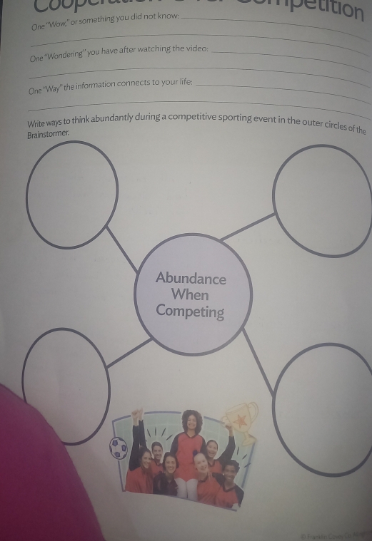 Coopen 
mpetition 
One "Wow," or something you did not know:_ 
_ 
_ 
One 'Wondering'' you have after watching the video:_ 
One “Way” the information connects to your life:_ 
_ 
Write ways to think abundantly during a competitive sporting event in the outer circles of the 
Franklin Covey Co Ar