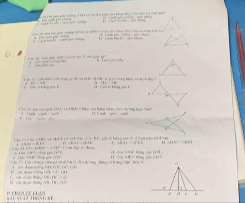5 2ã Hại tam giác vuống ABH và ACH ở lnh sau hằng nhan thao trưởng hup qăn2
Cal fae -  canh ane sm       ạ h  g ru n tant hus he - gos ahon. C aih gic lưng   goe nhện 
Cầu 29. Hn tan gác cưởng MQ va QMM ở tình sau bàng nhau tao trường hợp nao
C. Canh luyển-  cạnh gốc cuông A Mai cạnh gốc rường  ( Cạnh luuyên - góc nhọn  H   Canh gia v ónl  -  góu nhện 
Cầu 20 Tam ghác ABC 5 hinh sau là tam giác gi7  #  on piác đều
T am gohàc sm 4. Tam giác rưìng căn
60°

Cu H. Cầu thêm điều kiện gi dể △ ASEB=3FMC g  c ) trong hình về đưới đây ?
CC=AB
C   Gộc A bằng góc E D. Gác B hàng gác C.  n IA=△ H
Cầu 32. Hai tam giác OAC và OBD ở hình sau hằng nhau theo trường hợp năo?
A. Canh canh canh “ Canh-abc-canh
C. Gác - cạnh góo
Cầu 33 Cho AABC và AKEF có AB=E,C'A=KI E , góc A bằng góc K. Chọn đáp ăn đùng
A △ BAC=△ FEF MAC=M:N C. △ HAC=△ FKE D. △ BAC=△ KEF,
MNP=ADFF Chọn đấp án đóng
Câu M Cho Ái A. Góc MPN bằng góc DFE. B. Gốc D,FNB hàng góc DFE.
C. Góc NMP hàng gác DEF D. Góc MPN hàng góc EDF
Câu 35, Các đường siên kê từ điểm G đến đường thắng m trong hình bên là
A. các đoạn thắng GB, GH, GC, GD.
B. các đoạn thắng GB, GC, GD
C. các đoạn thăng HB, HC, CD.
D. các đoạn thắng HH, HC, HD
B phan tự Luan 
Xac sut thông kế