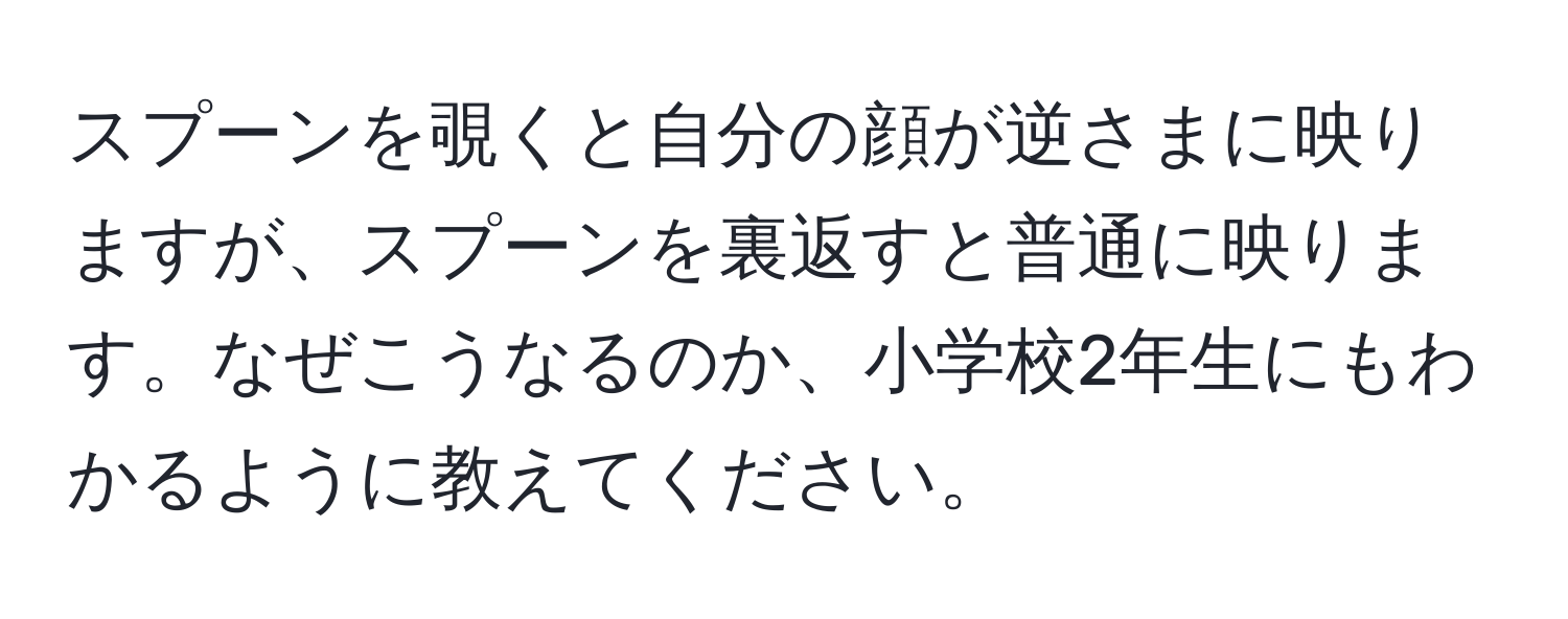 スプーンを覗くと自分の顔が逆さまに映りますが、スプーンを裏返すと普通に映ります。なぜこうなるのか、小学校2年生にもわかるように教えてください。