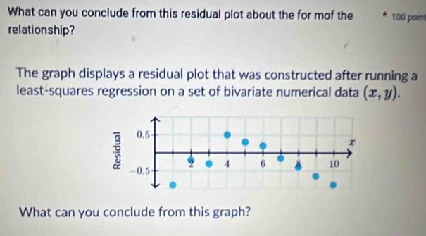 What can you conclude from this residual plot about the for mof the 100 poin! 
relationship? 
The graph displays a residual plot that was constructed after running a 
least-squares regression on a set of bivariate numerical data (x,y). 
What can you conclude from this graph?