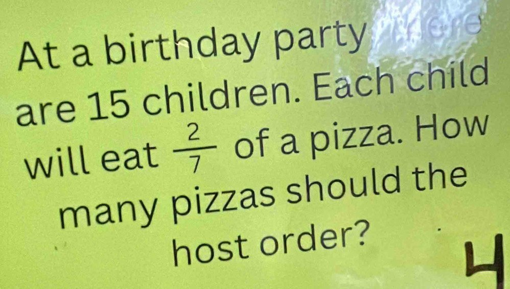 At a birthday party 
are 15 children. Each child 
will eat  2/7  of a pizza. How 
many pizzas should the 
host order?