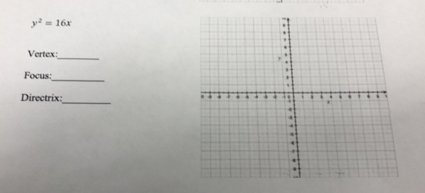 y^2=16x
Vertex: 
_ 
_ 
Focus: 
Directrix:_