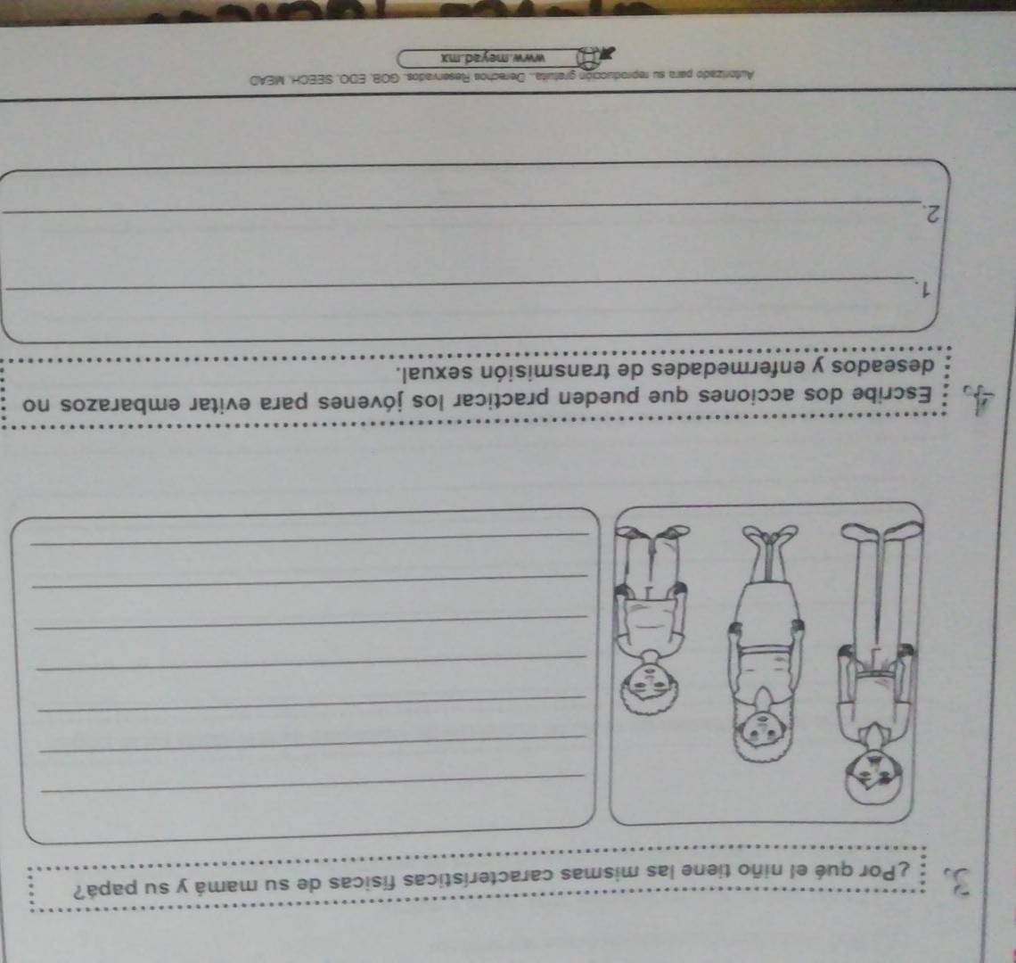 ¿Por qué el niño tiene las mismas características físicas de su mamá y su papá? 
_ 
_ 
_ 
_ 
_ 
_ 
_ 
Escribe dos acciones que pueden practicar los jóvenes para evitar embarazos no 
deseados y enfermedades de transmisión sexual. 
1._ 
_ 
2._ 
Autorizado para su reproducción gratuita.. Derechos Reservados. GOB, EDO, SEECH. MEAD 
www.meyad.mx