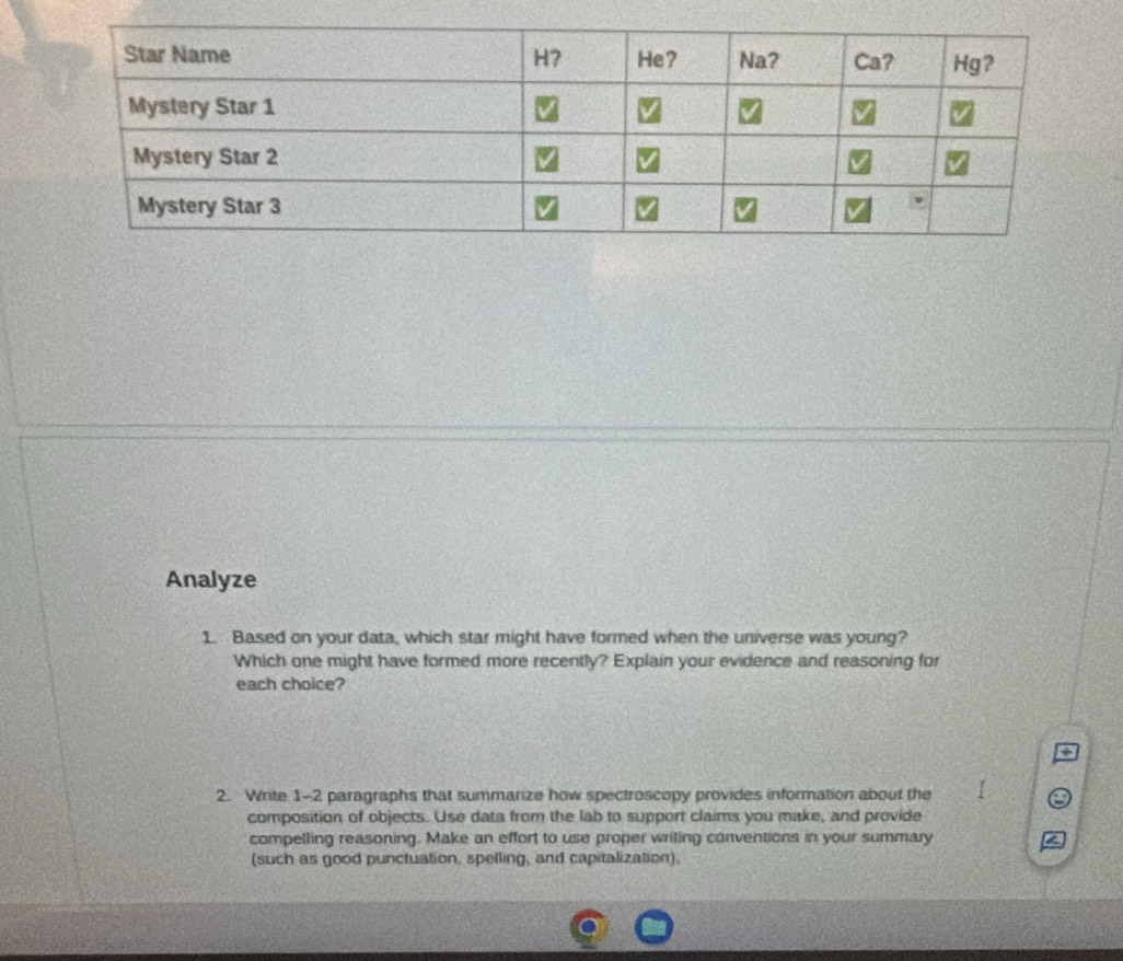 Analyze 
1. Based on your data, which star might have formed when the universe was young? 
Which one might have formed more recently? Explain your evidence and reasoning for 
each choice? 
2. Write 1-2 paragraphs that summarize how spectroscopy provides information about the 
composition of objects. Use data from the lab to support claims you make, and provide 
compelling reasoning. Make an effort to use proper writing conventions in your summary 
(such as good punctuation, spelling, and capitalization).