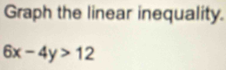 Graph the linear inequality.
6x-4y>12